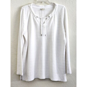 TOP/BLOUSE-TALBOTS-White-Cotton-Long Length-Long Sleeves-Knit-Tie at Neck-Large